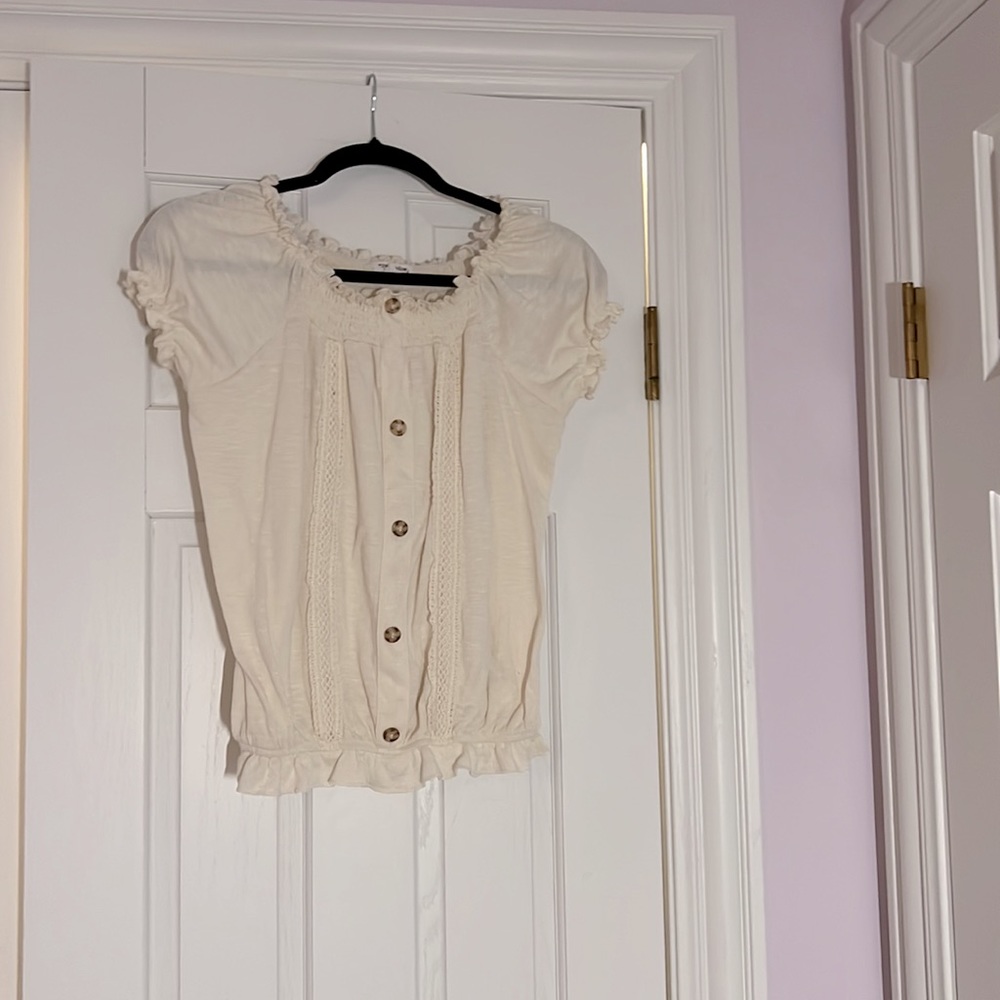 Cream Elastic Off-Shoulder Blouse with Puff Sleeves for Kids